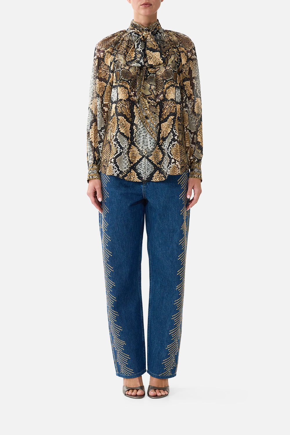 The CAMILLA Detachable Pussy Bow Raglan Blouse in Print Animalia Heirlooms. Model View