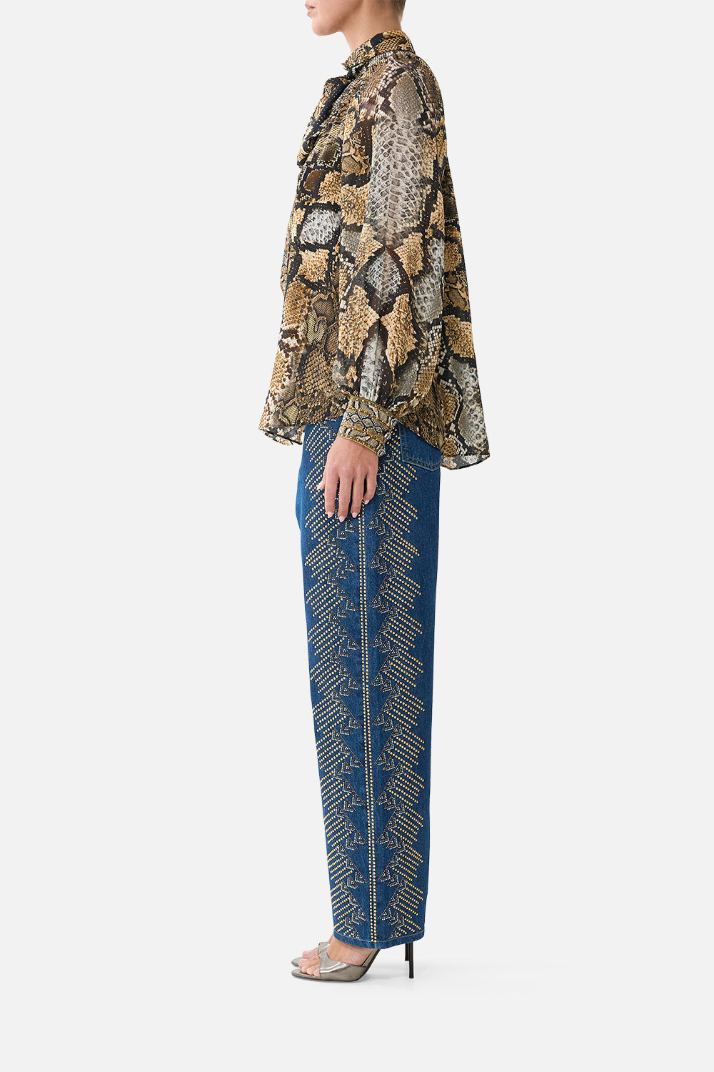 The CAMILLA Detachable Pussy Bow Raglan Blouse in Print Animalia Heirlooms. Model View
