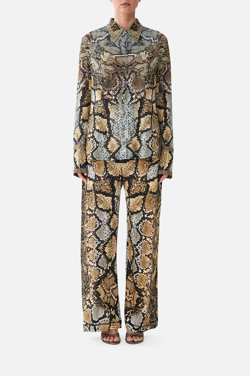 The CAMILLA Jersey Relaxed Trouser With Fly Front in Print Animalia Heirlooms. Model View