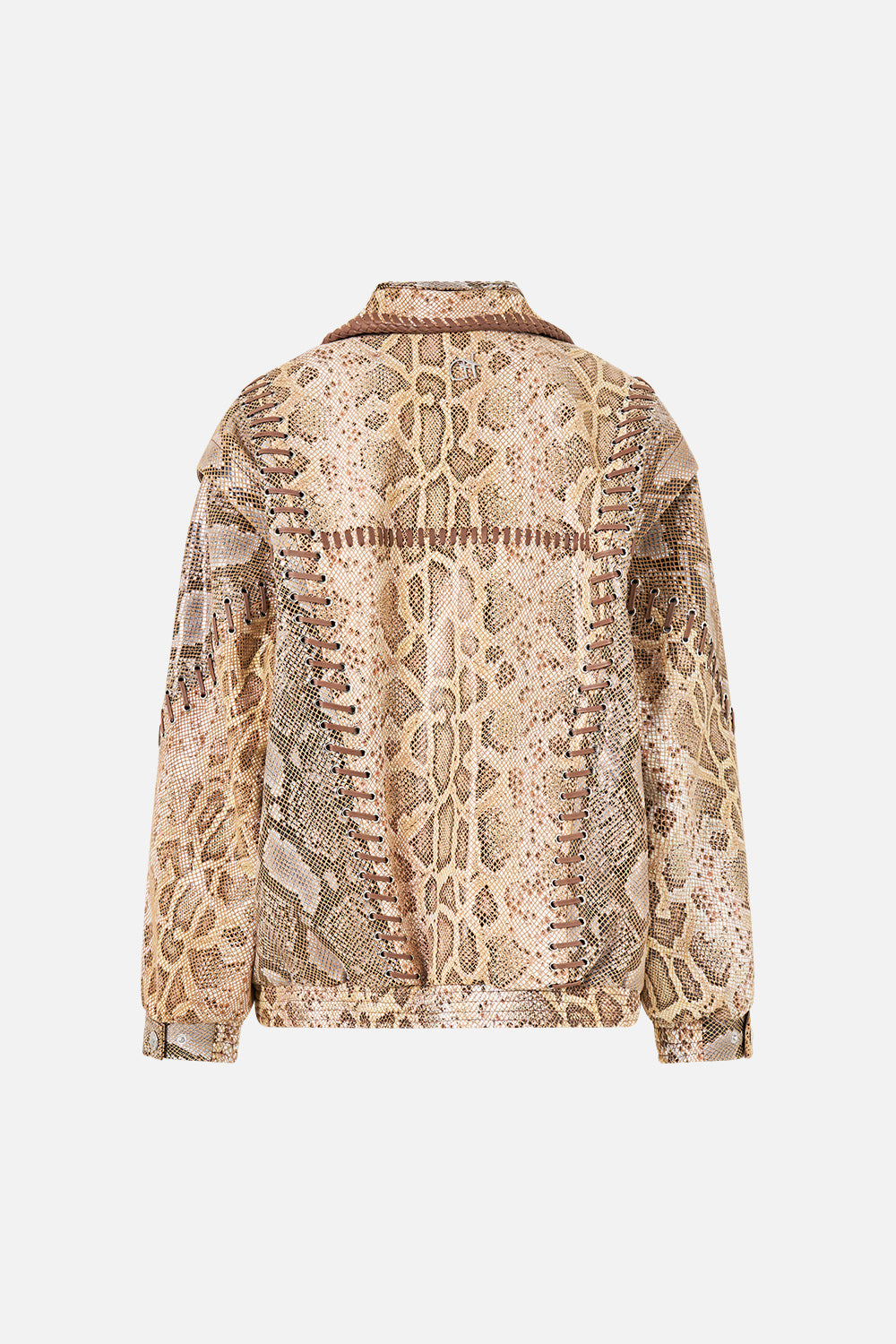 The CAMILLA Double Collared Oversized Leather Jacket in Print Animalia Heirlooms. Ghost View Back