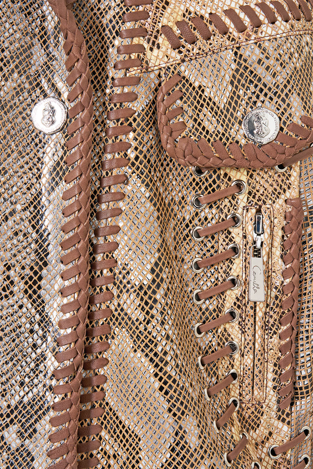 The CAMILLA Double Collared Oversized Leather Jacket in Print Animalia Heirlooms. Ghost View