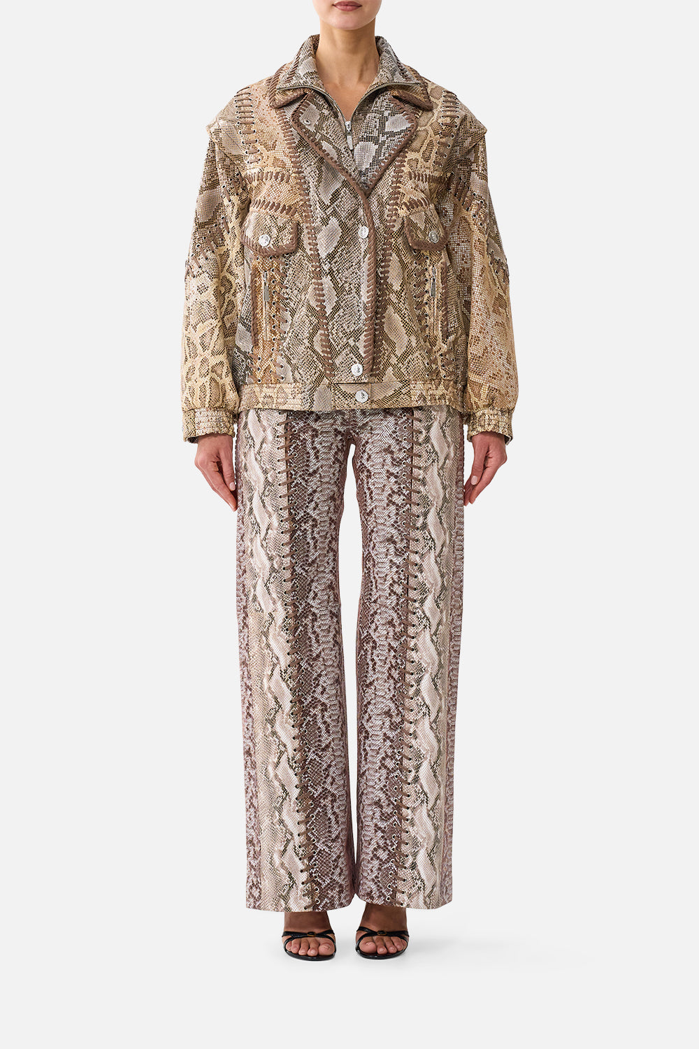 The CAMILLA Double Collared Oversized Leather Jacket in Print Animalia Heirlooms. Model View