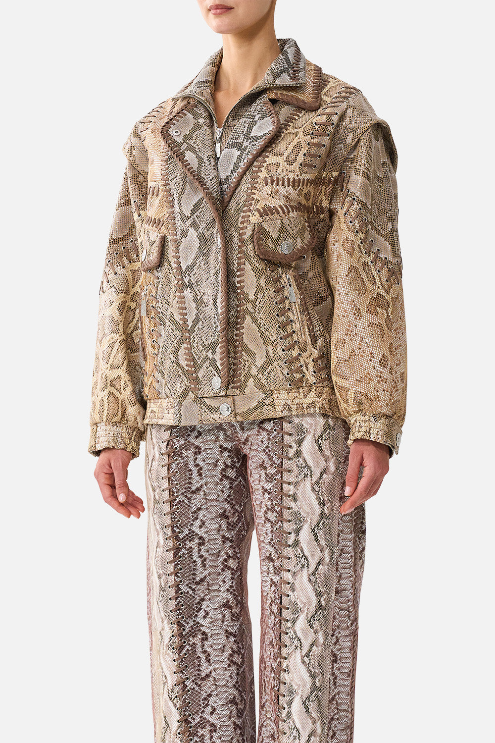 The CAMILLA Double Collared Oversized Leather Jacket in Print Animalia Heirlooms. Model View