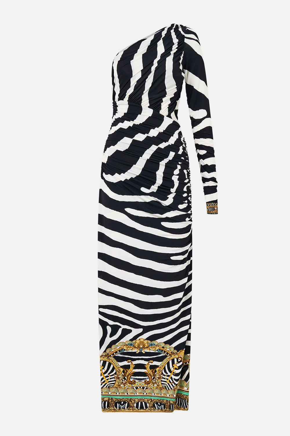 The CAMILLA One Shoulder Jersey Cut Out Dress in Print Zig Zag Zoo. Ghost View Front