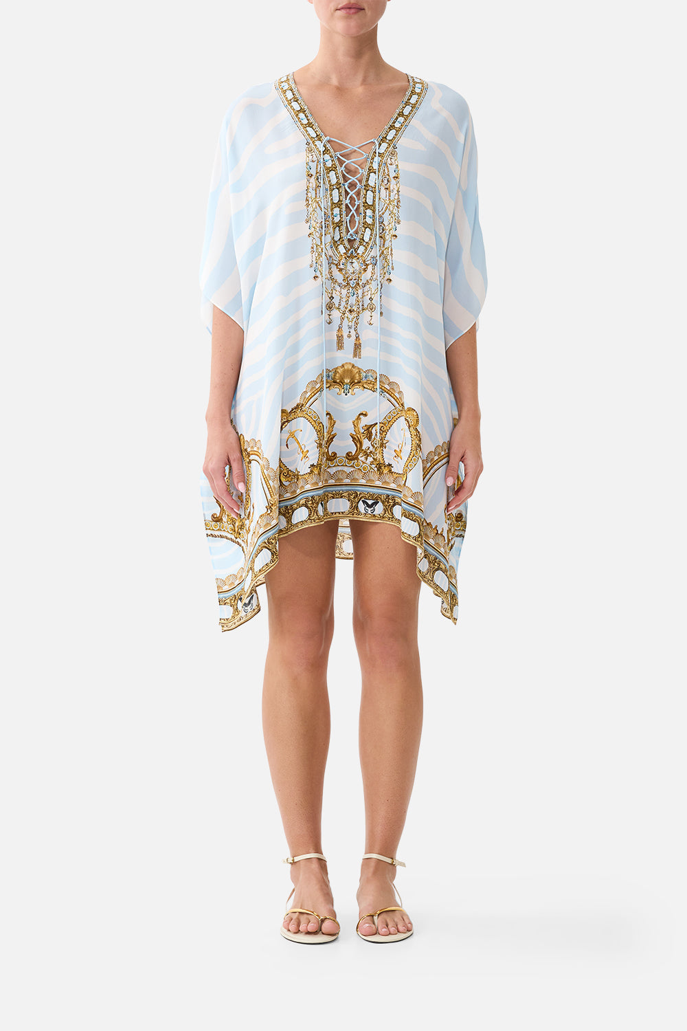 The CAMILLA Short Lace Up Kaftan in Print Spirit of Stripes. Model View