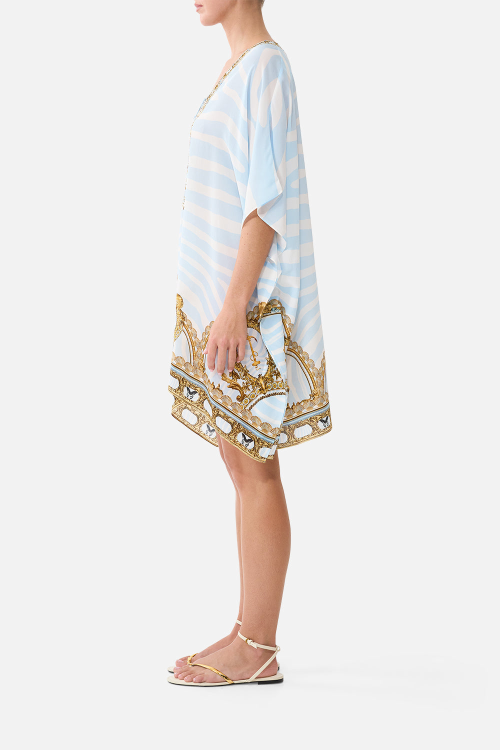 The CAMILLA Short Lace Up Kaftan in Print Spirit of Stripes. Model View