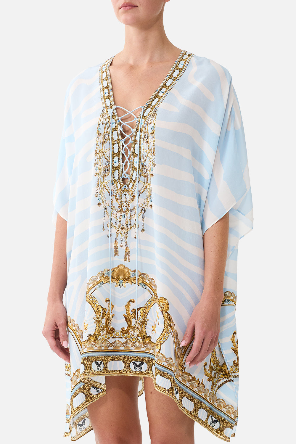 The CAMILLA Short Lace Up Kaftan in Print Spirit of Stripes. Model View