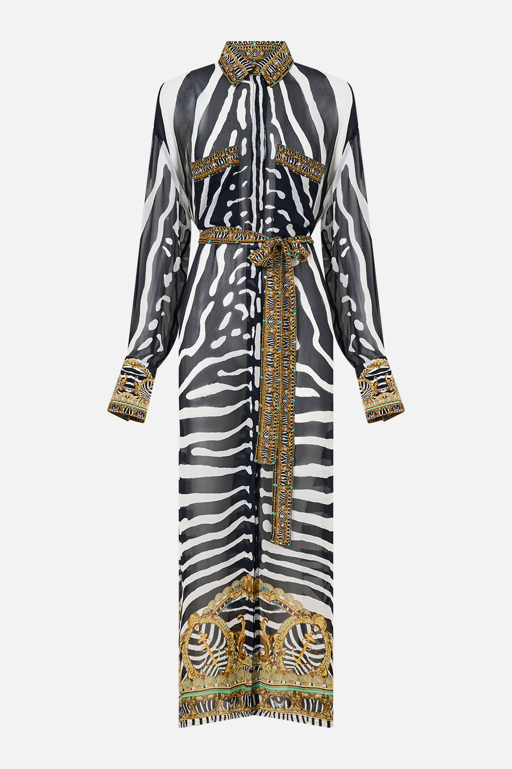 The CAMILLA Button Front Long Dress in Print Zig Zag Zoo. Ghost View Front