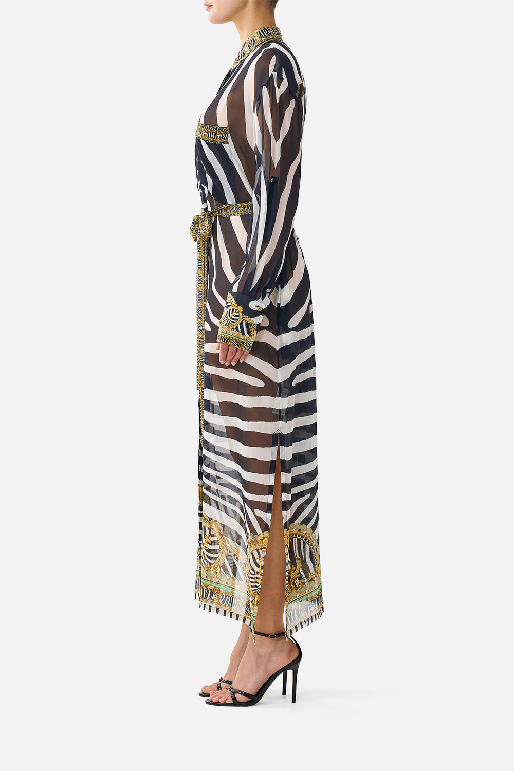 The CAMILLA Button Front Long Dress in Print Zig Zag Zoo. Model View