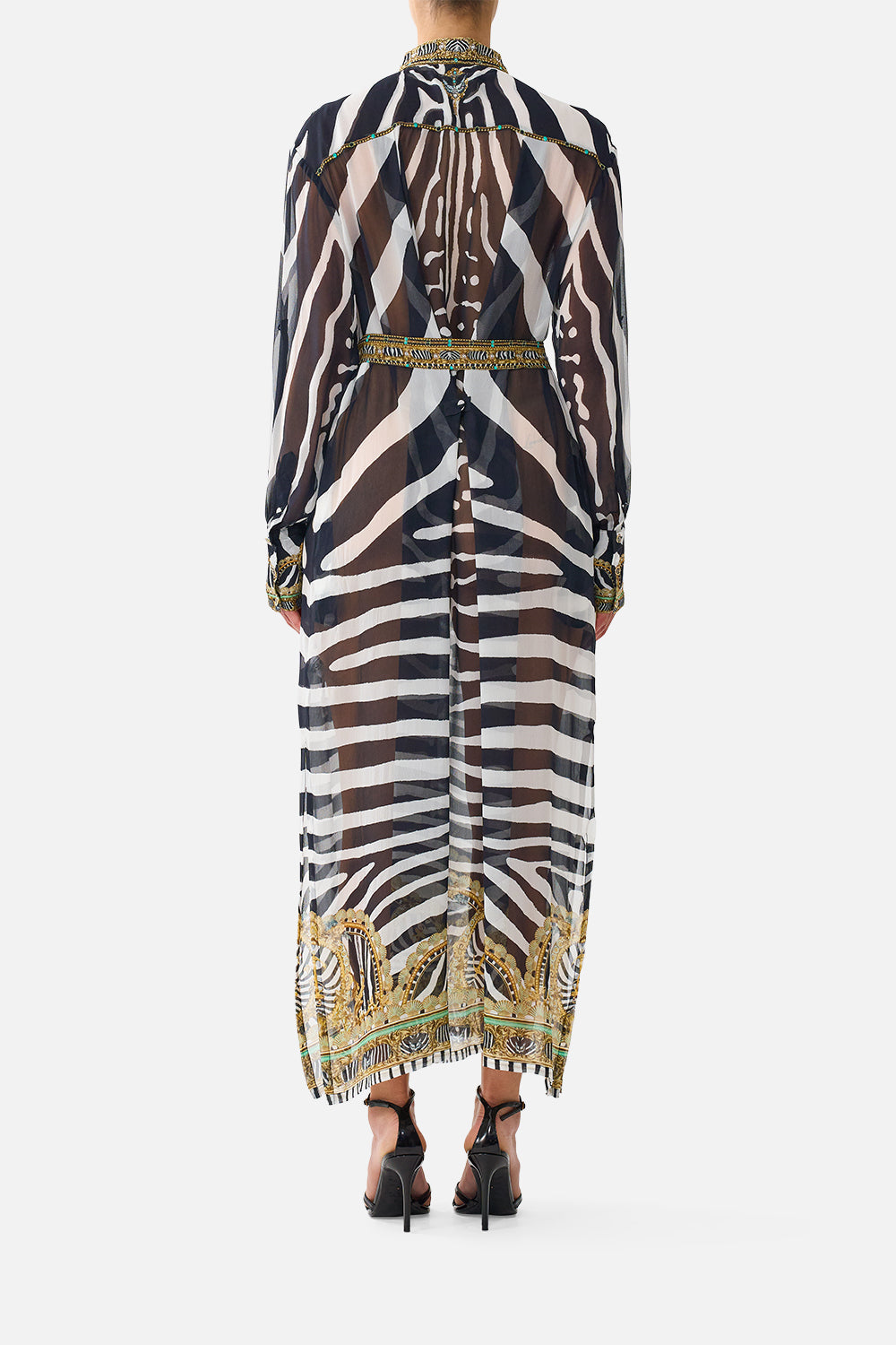 The CAMILLA Button Front Long Dress in Print Zig Zag Zoo. Model View