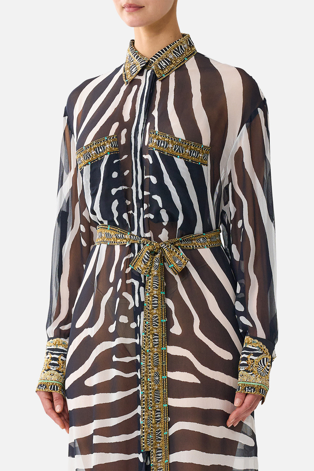 The CAMILLA Button Front Long Dress in Print Zig Zag Zoo. Model View