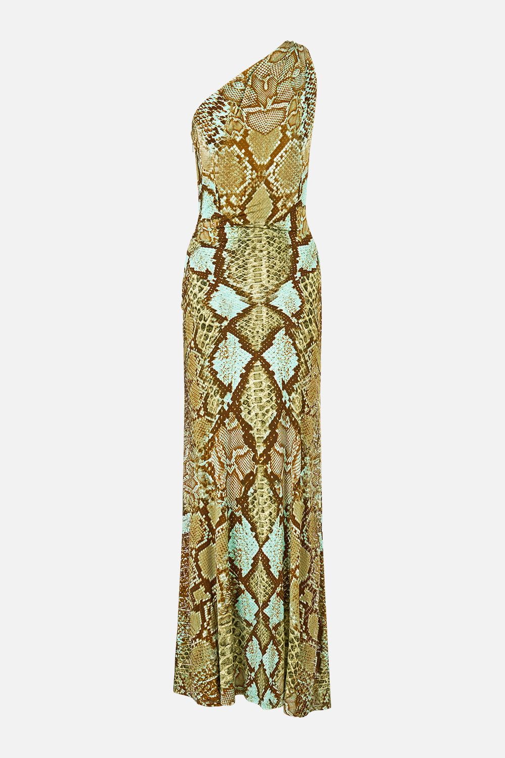 The CAMILLA One Shoulder Asymmetric Ruched Dress in Print My Sweet Serpentine. Ghost View Back