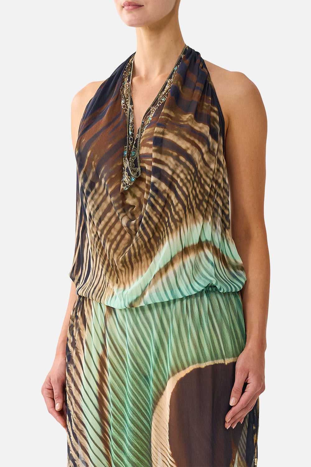 The CAMILLA Drape Front Drawcord Maxi Dress in Print A Wink to the Wild. Model View
