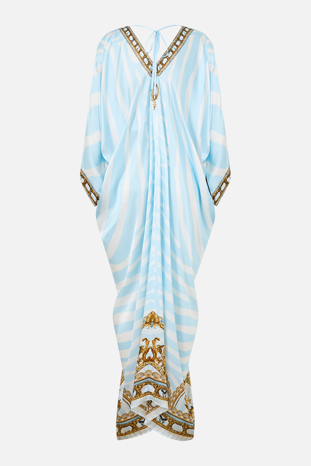 The CAMILLA Long Draped Kaftan in Print Spirit of Stripes. Ghost View Back