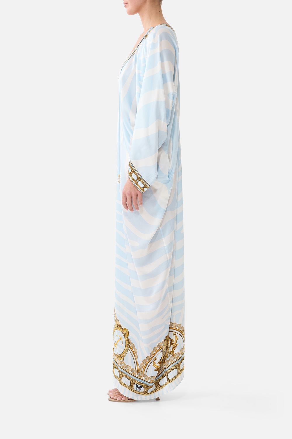 The CAMILLA Long Draped Kaftan in Print Spirit of Stripes. Model View