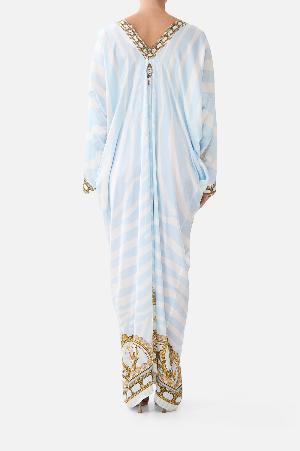 The CAMILLA Long Draped Kaftan in Print Spirit of Stripes. Model View