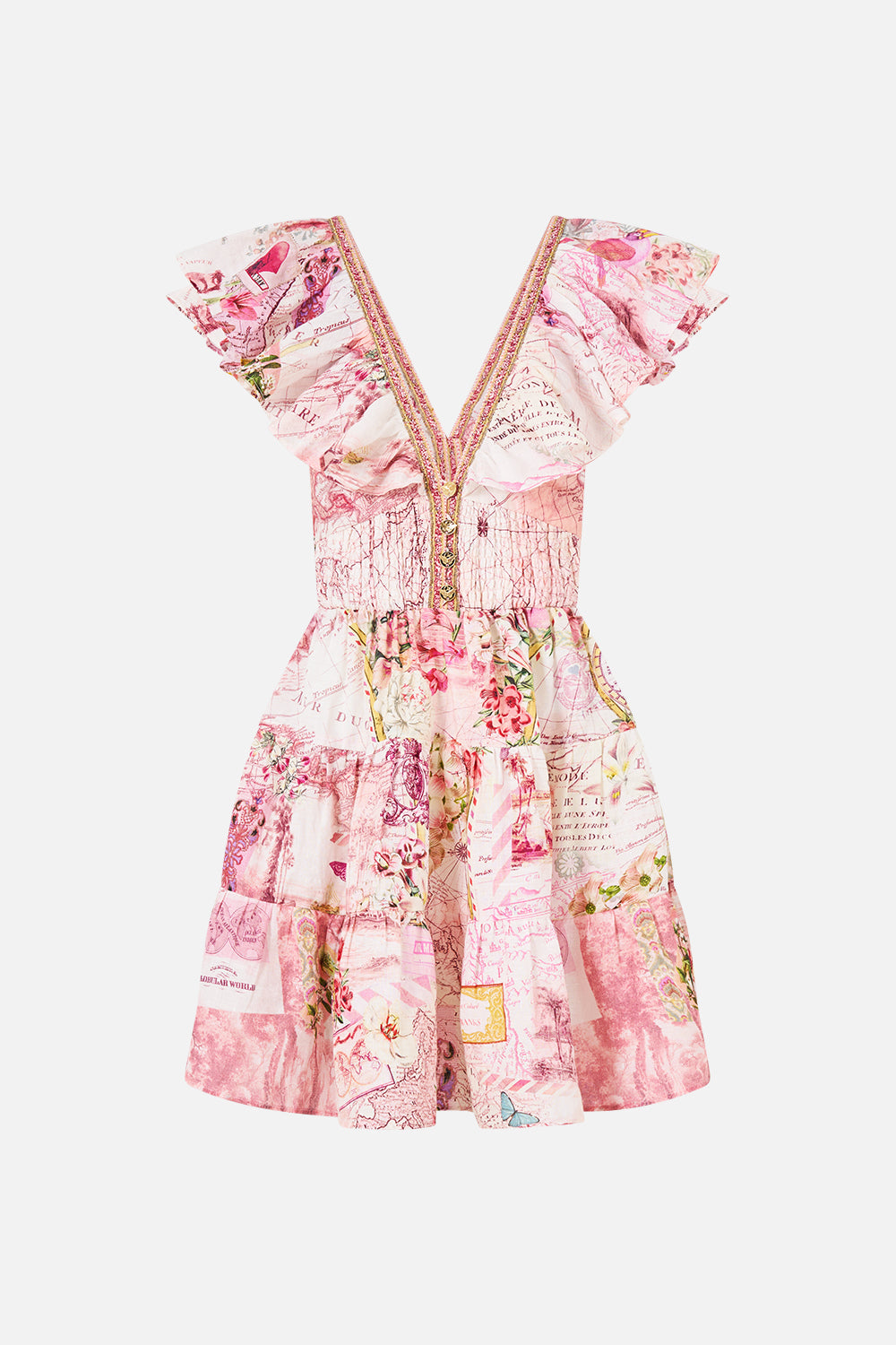 TIERED SHORT DRESS WITH NECK FRILL JOURNAL DE VOYAGE