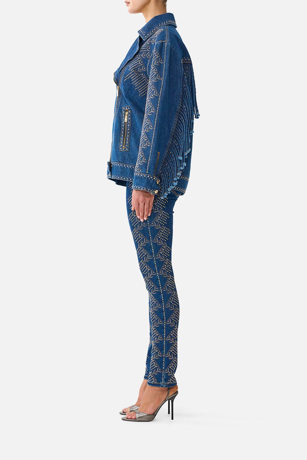 The CAMILLA Verushka Oversized Biker Jacket in Denim. Model View