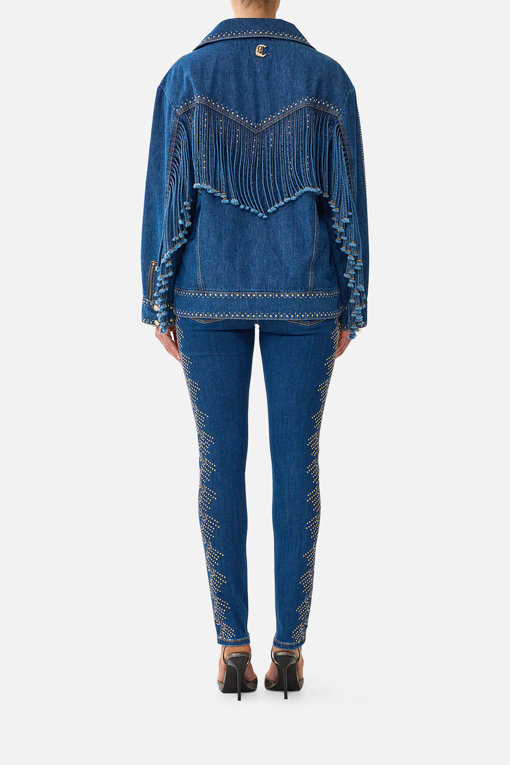 The CAMILLA Verushka Oversized Biker Jacket in Denim. Model View