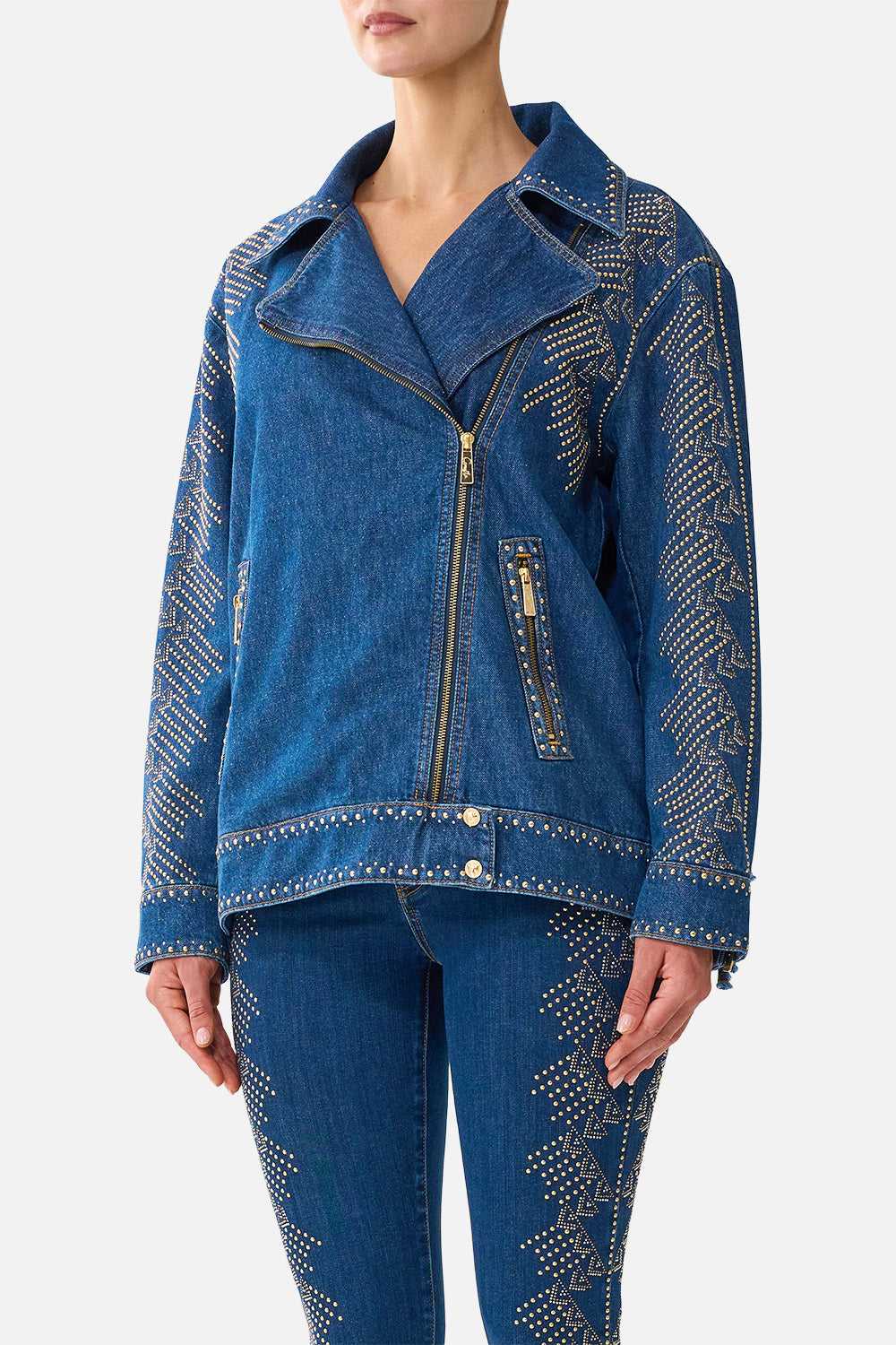 The CAMILLA Verushka Oversized Biker Jacket in Denim. Model View