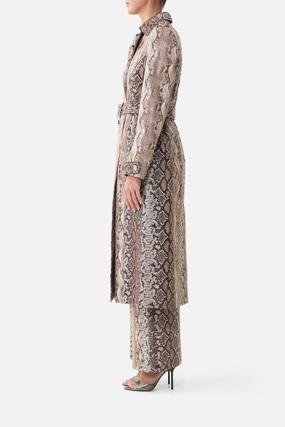 The CAMILLA Leather Trench Coat in Print Animalia Heirlooms. Model View
