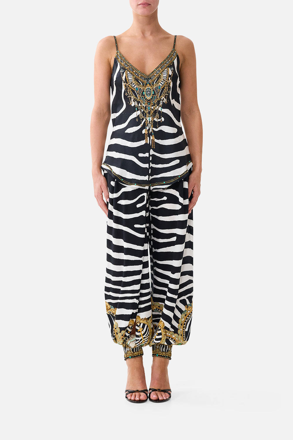 The CAMILLA V-Neck Bias Cami in Print Zig Zag Zoo. Model View