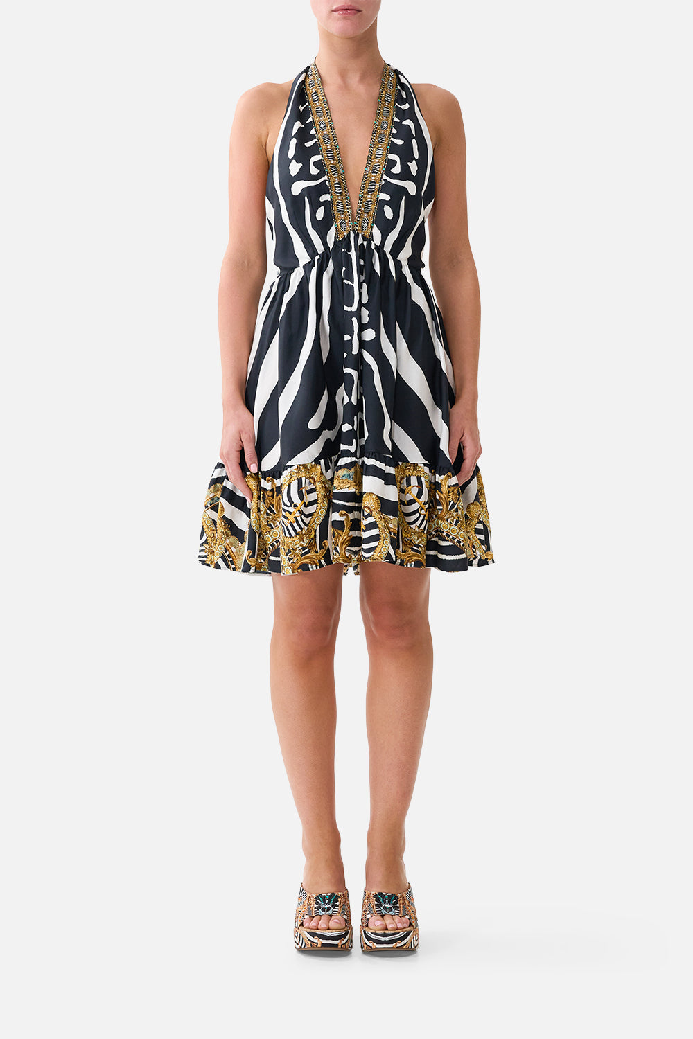 RUFFLE HEM HALTER SHORT DRESS ZIG ZAG ZOO