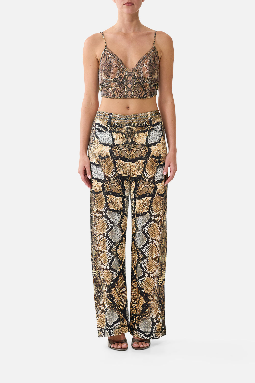 The CAMILLA Underwire Corset With Rouleau Ring Trim in Print Animalia Heirlooms. Model View