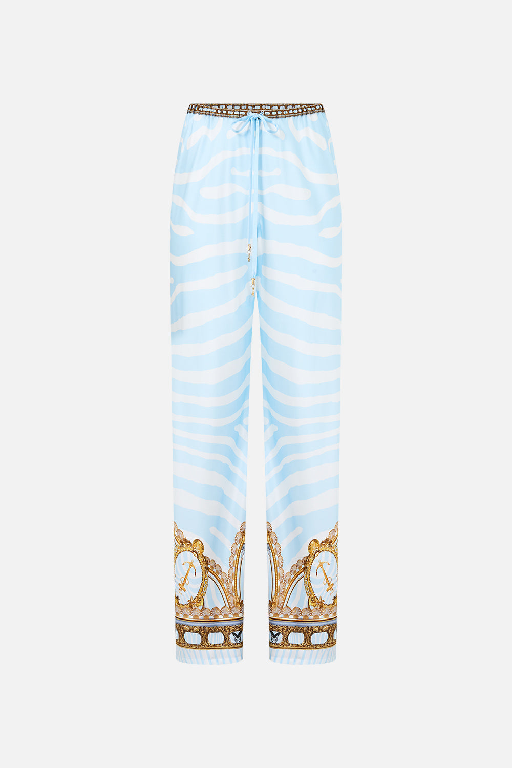 The CAMILLA Bias Cut Drawstring Pant in Print Spirit of Stripes. Ghost View Front