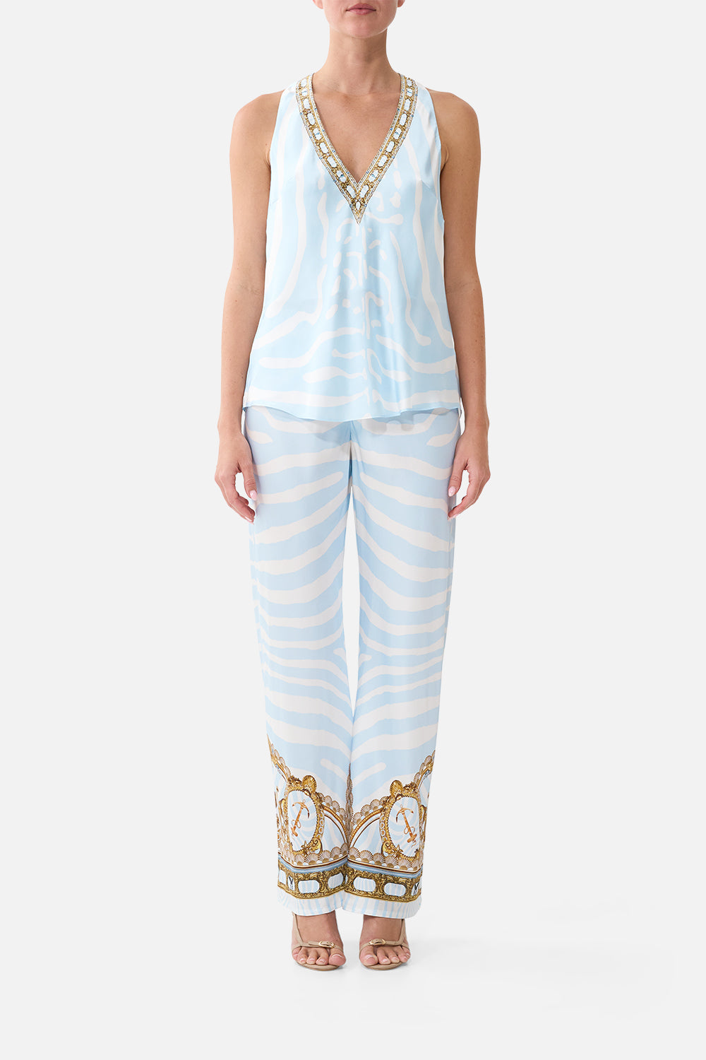 The CAMILLA Bias Cut Drawstring Pant in Print Spirit of Stripes. Model View