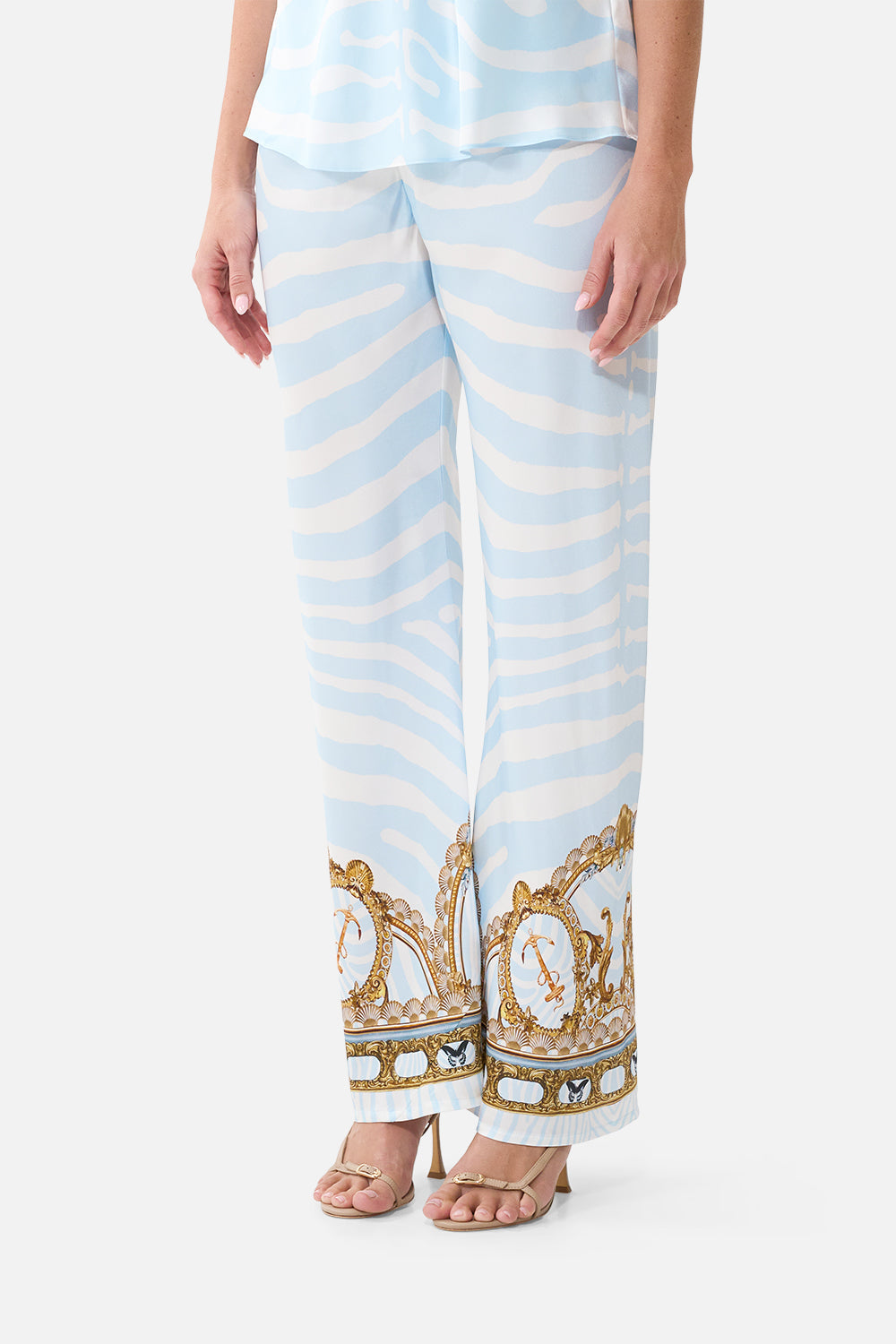 The CAMILLA Bias Cut Drawstring Pant in Print Spirit of Stripes. Model View