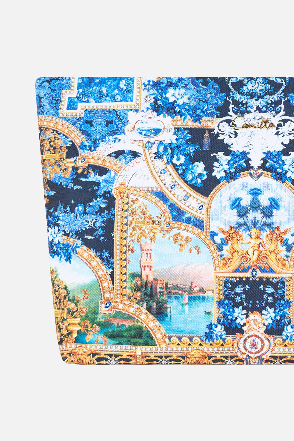 The CAMILLA Large Makeup Clutch in Print Sweet Sacre Bleu. Ghost View