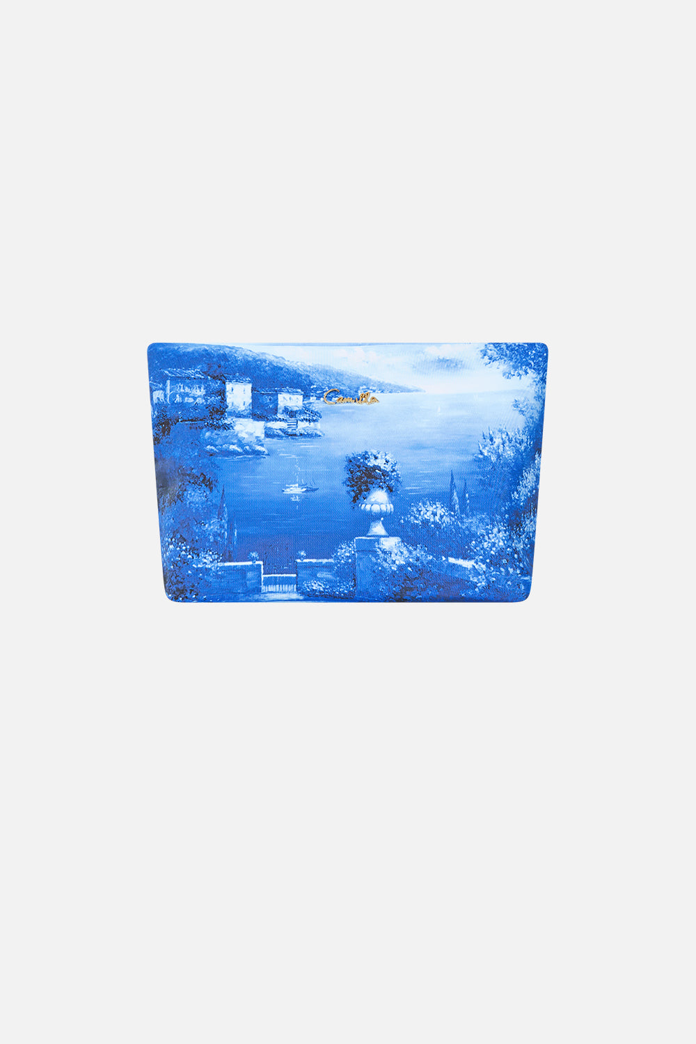 The CAMILLA Small Makeup Clutch in Print Sweet Sacre Bleu. Ghost View Front