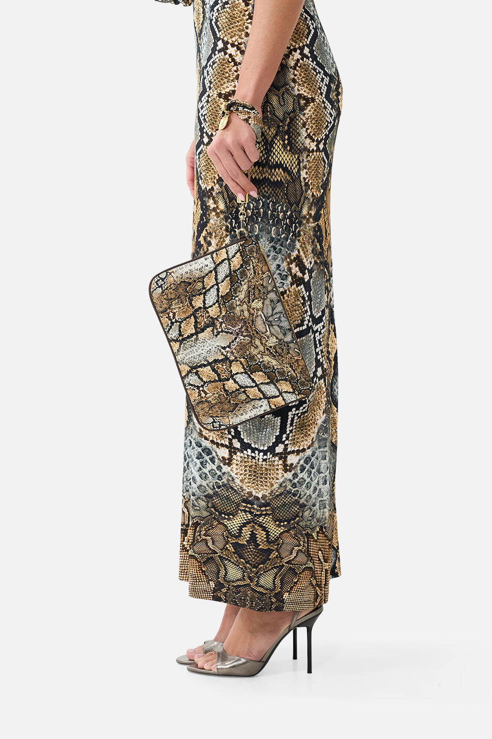 The CAMILLA Scarf Clutch in Print Animalia Heirlooms. Model View