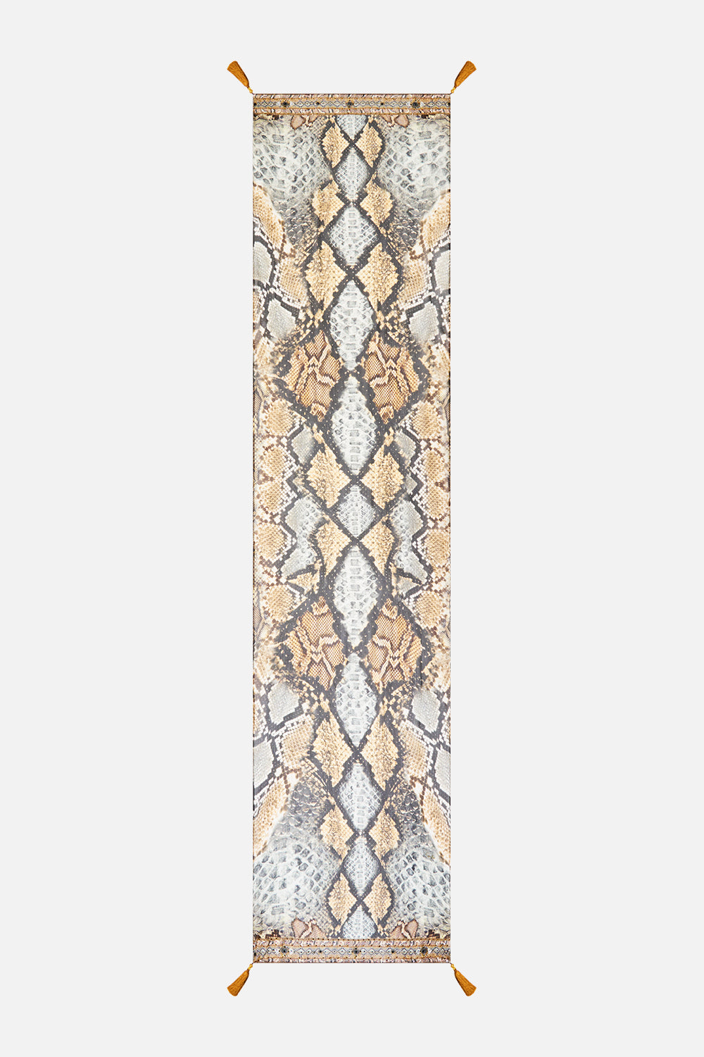 The CAMILLA Long Silk Crinkle Chiffon Scarf in Print Animalia Heirlooms. Ghost View Front