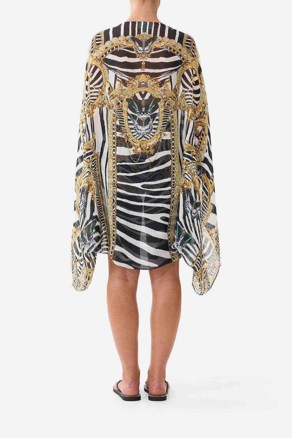 The CAMILLA Silk Chiffon Shrug in Print Zig Zag Zoo. Model View