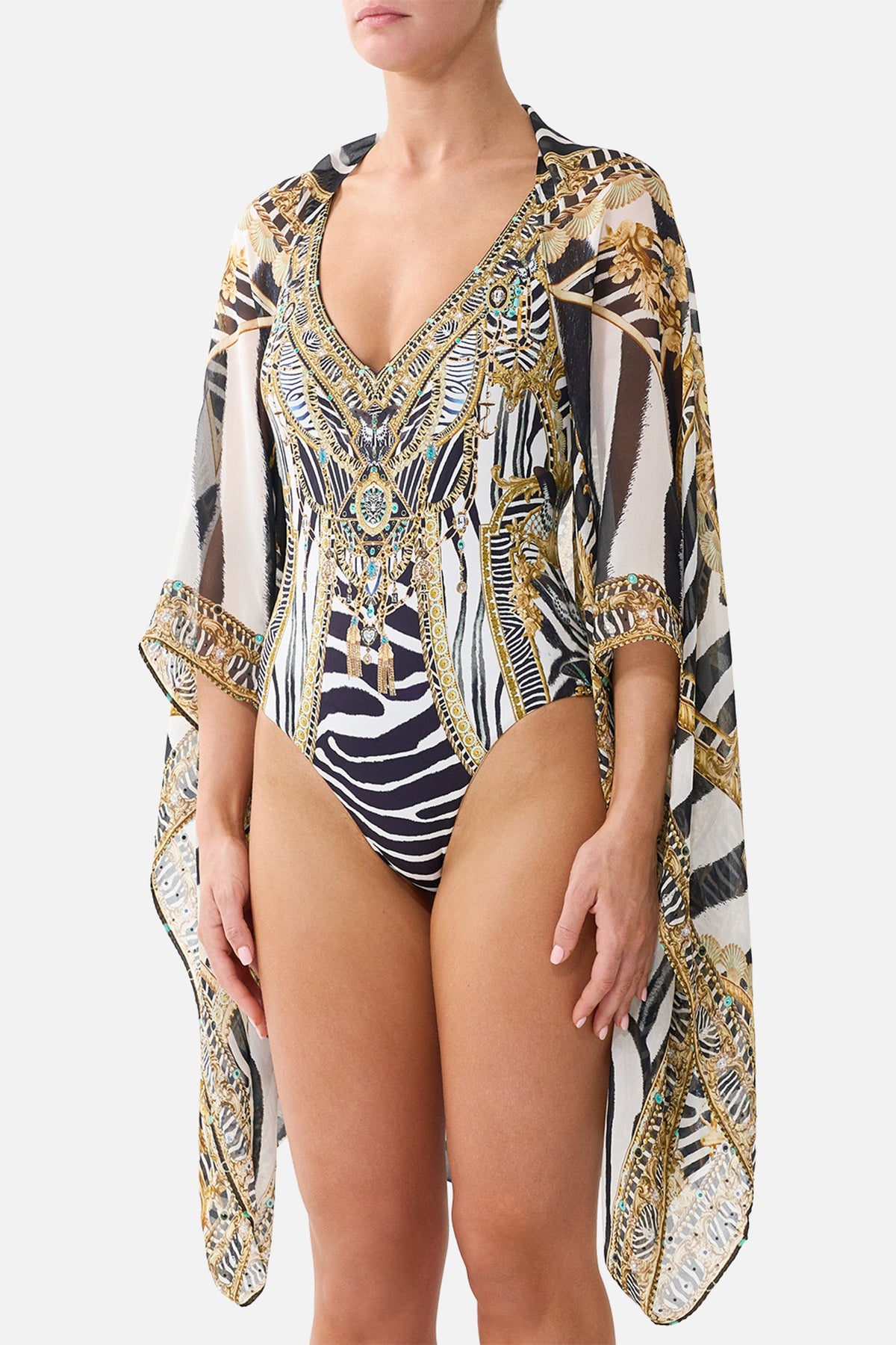 The CAMILLA Silk Chiffon Shrug in Print Zig Zag Zoo. Model View