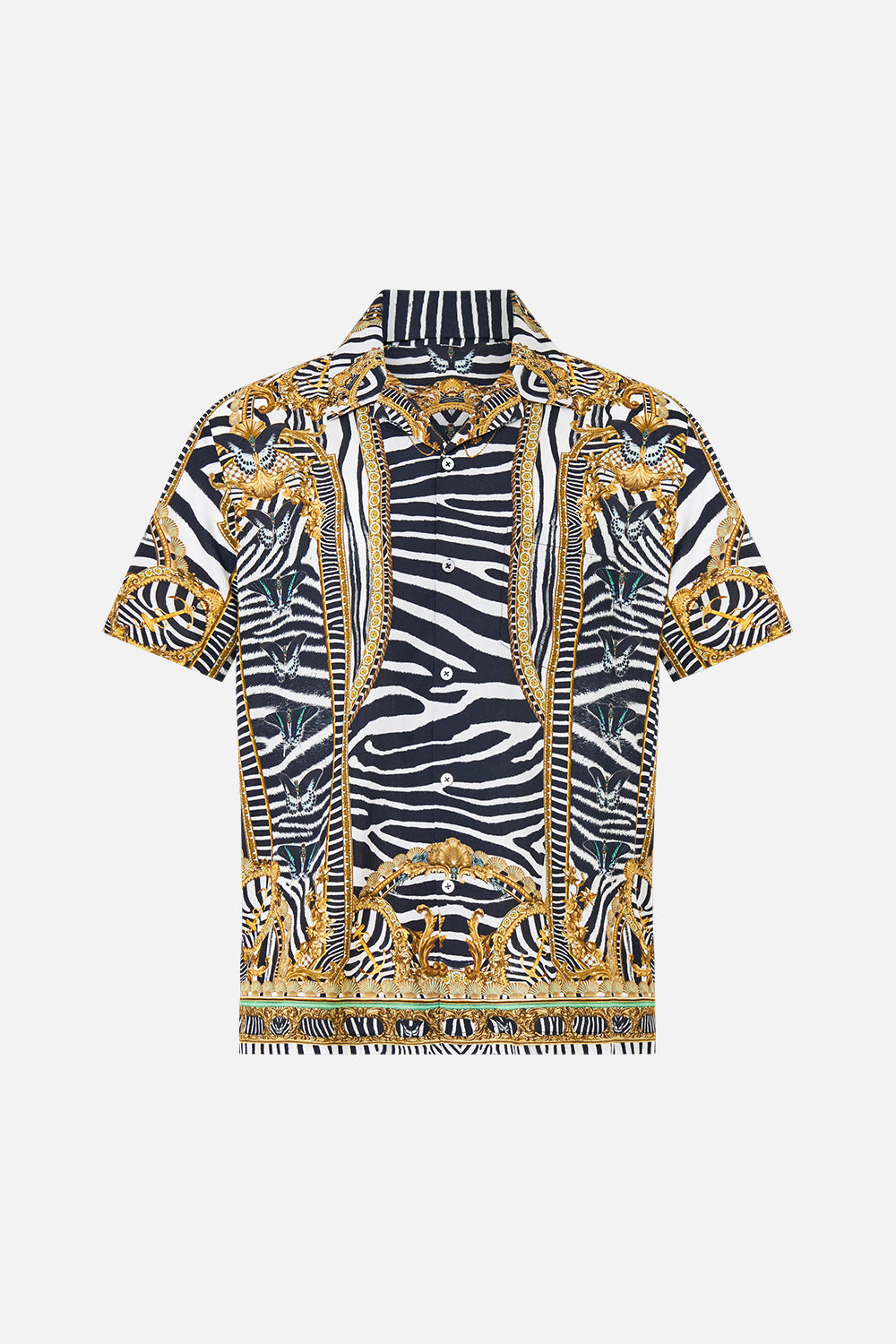 The CAMILLA Short Sleeve Camp Collared Shirt in Print Zig Zag Zoo. Ghost View Front