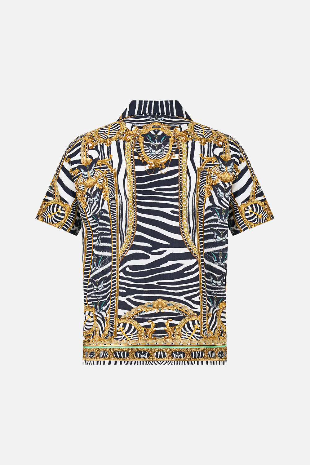 The CAMILLA Short Sleeve Camp Collared Shirt in Print Zig Zag Zoo. Ghost View Back