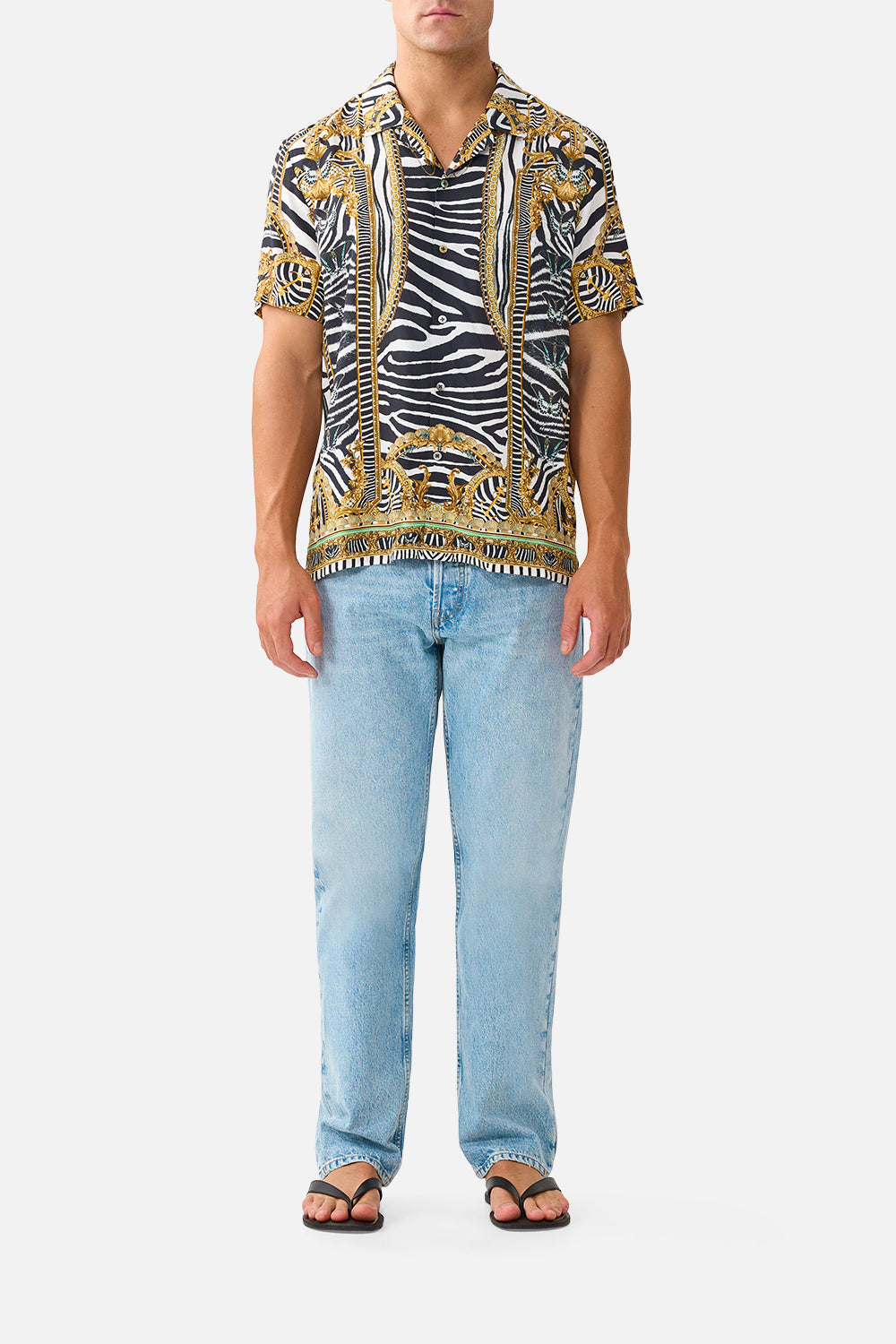 The CAMILLA Short Sleeve Camp Collared Shirt in Print Zig Zag Zoo. Model View