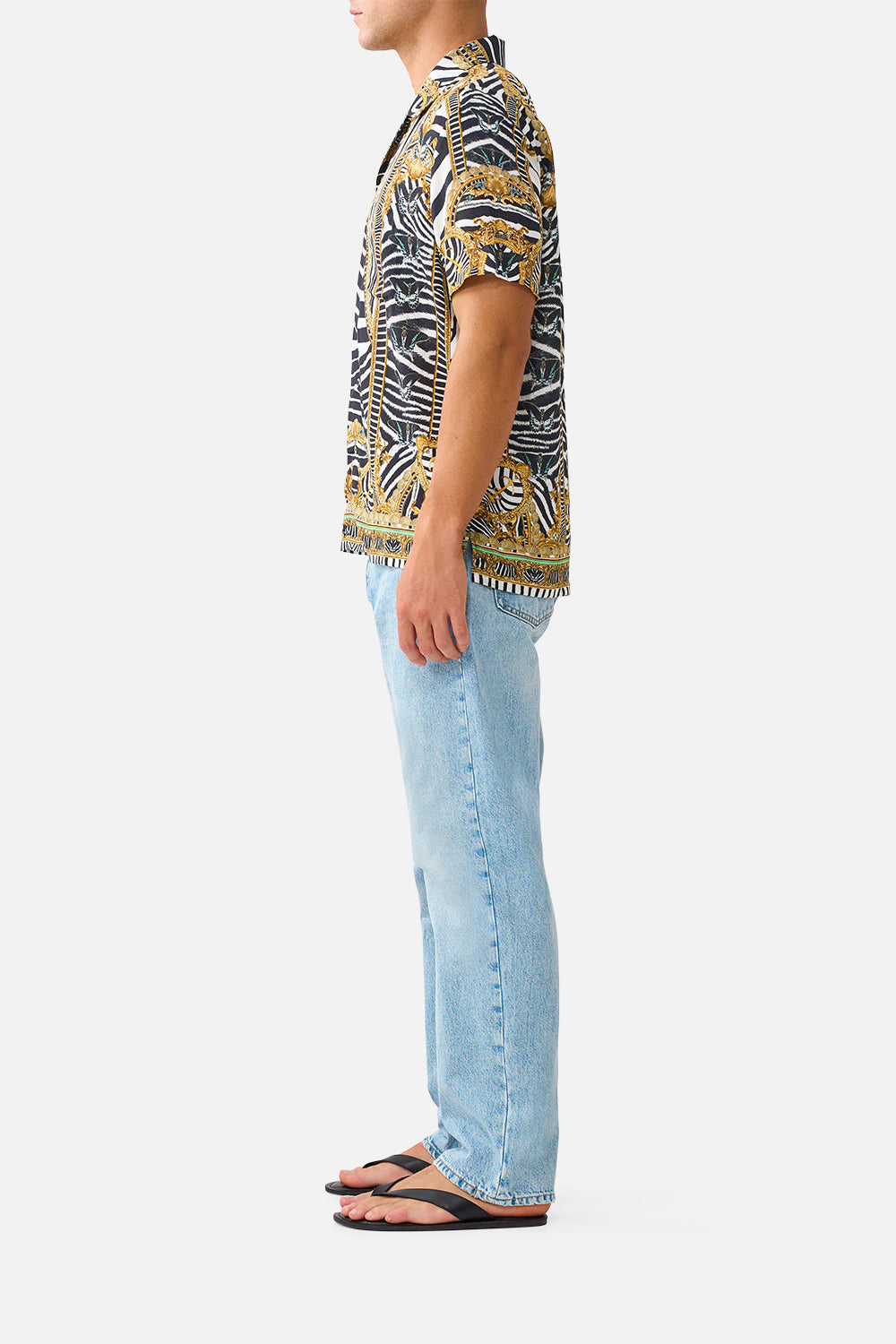 The CAMILLA Short Sleeve Camp Collared Shirt in Print Zig Zag Zoo. Model View