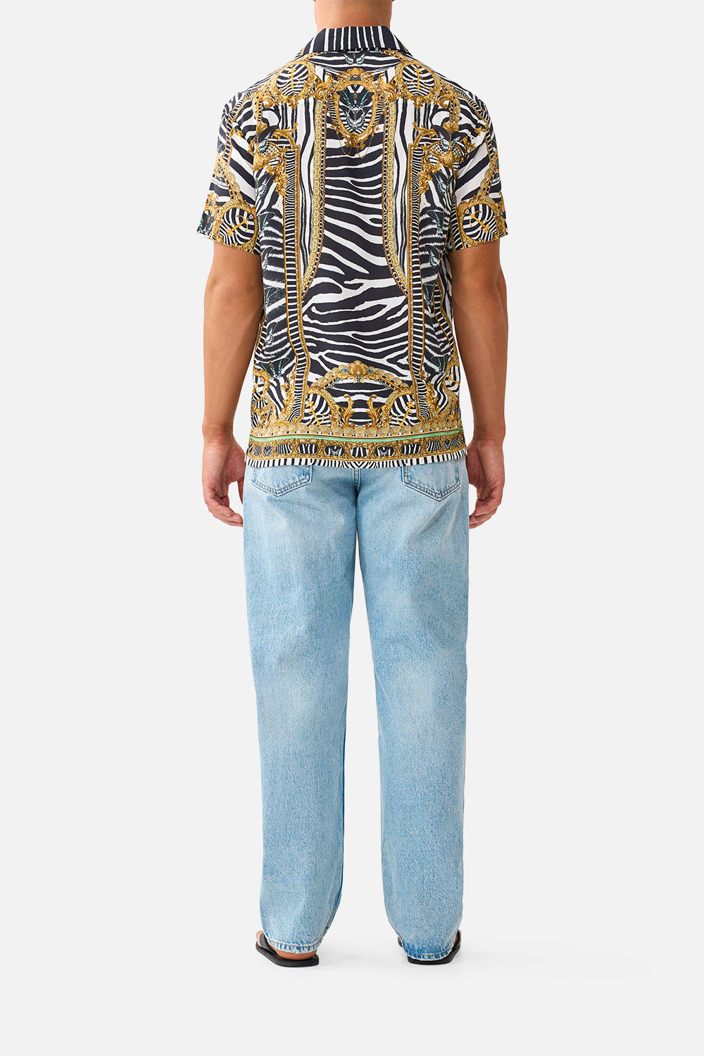 The CAMILLA Short Sleeve Camp Collared Shirt in Print Zig Zag Zoo. Model View