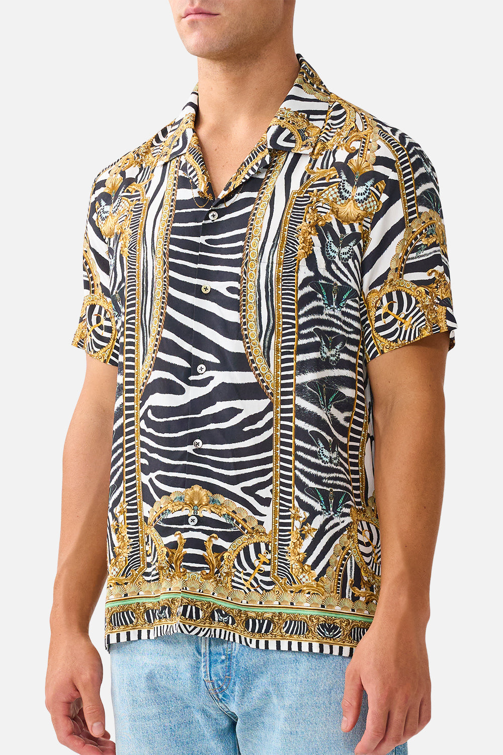 The CAMILLA Short Sleeve Camp Collared Shirt in Print Zig Zag Zoo. Model View