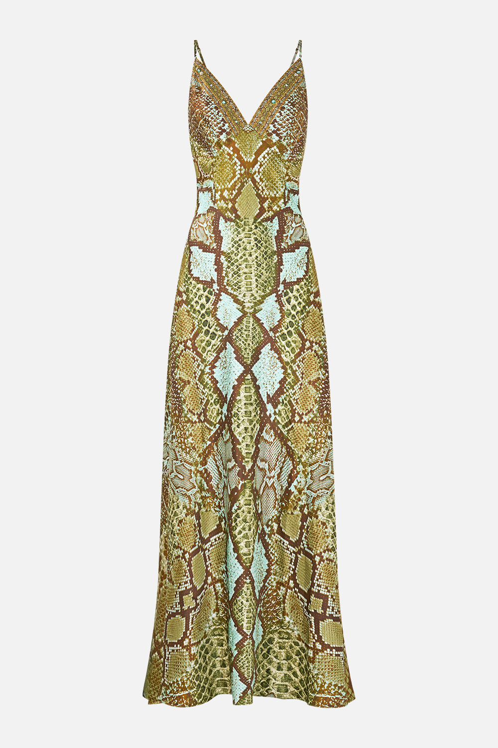 The CAMILLA V-Neck Long Bias Slip Dress With Train in Print My Sweet Serpentine. Ghost View Front