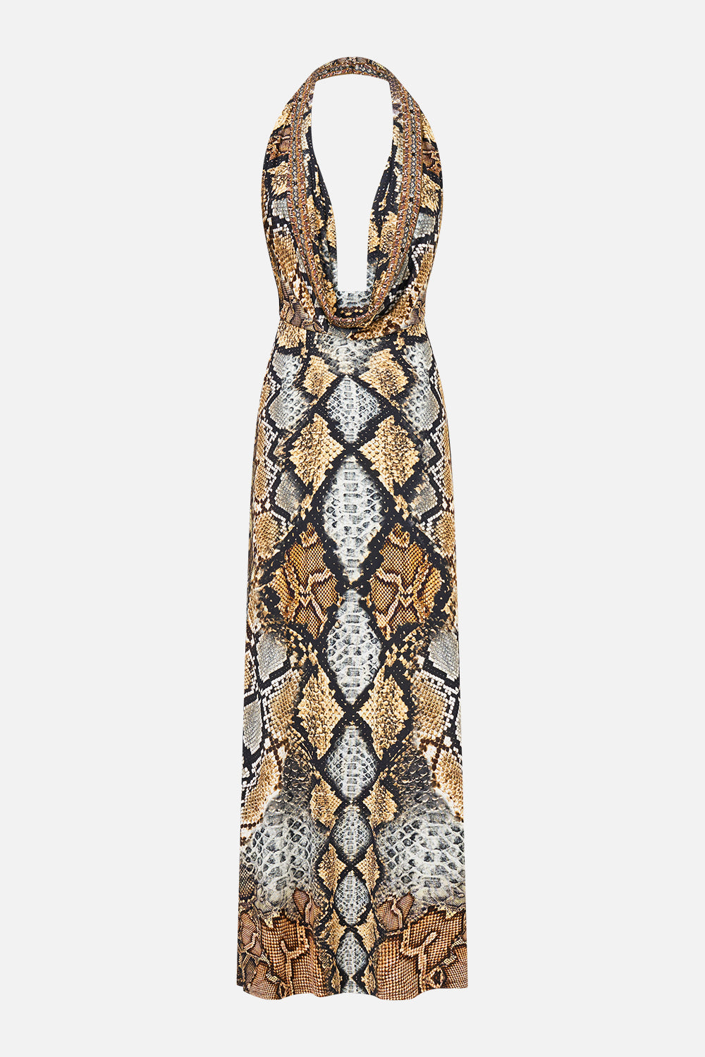 The CAMILLA Deep Cowl Plunge Dress in Print Animalia Heirlooms. Ghost View Front