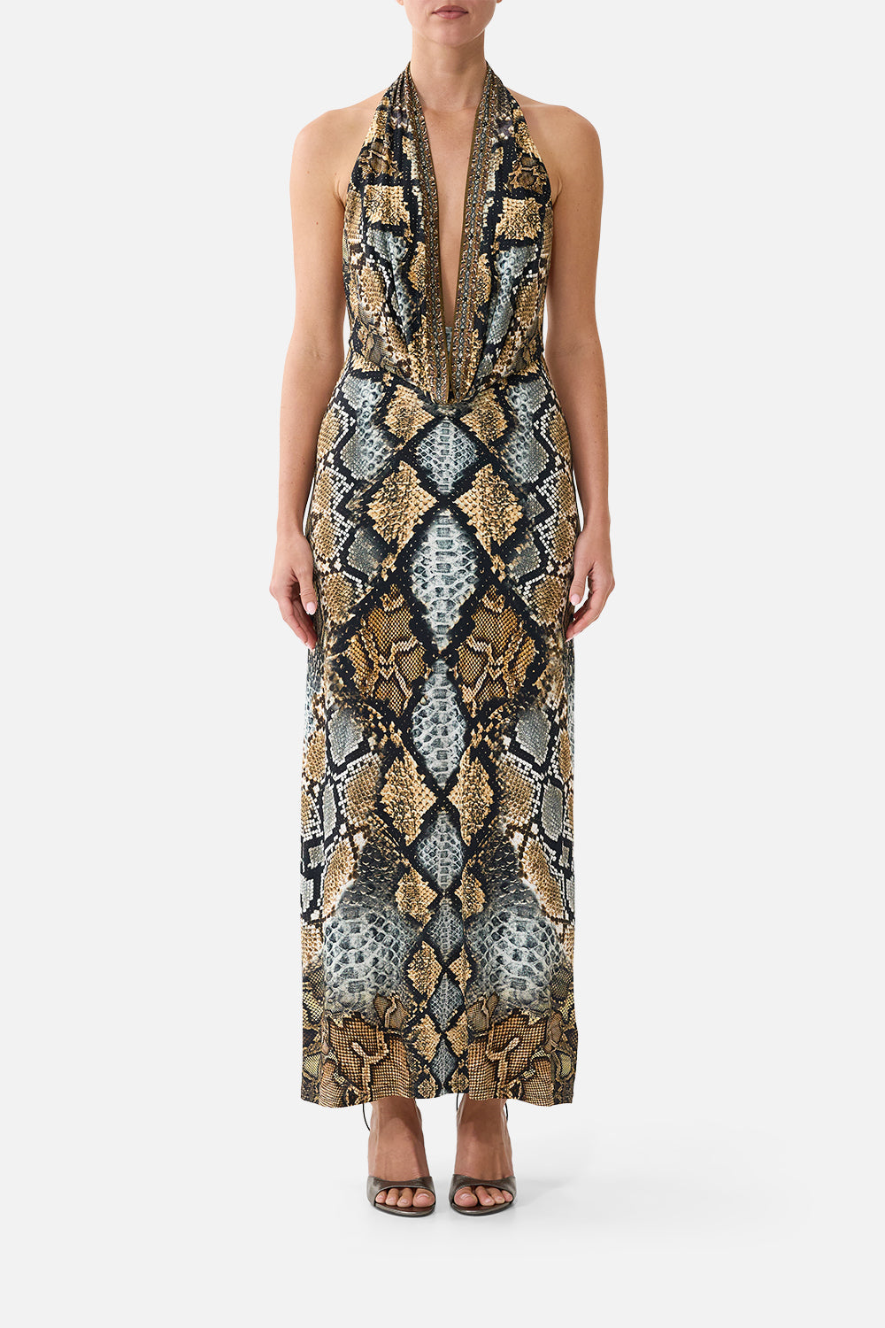 The CAMILLA Deep Cowl Plunge Dress in Print Animalia Heirlooms. Model View