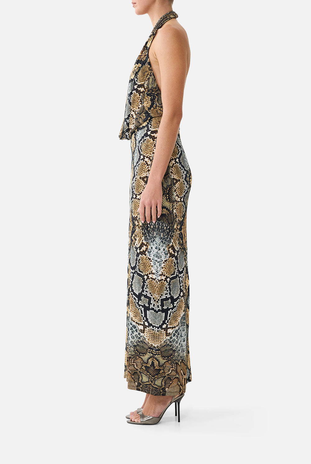The CAMILLA Deep Cowl Plunge Dress in Print Animalia Heirlooms. Model View