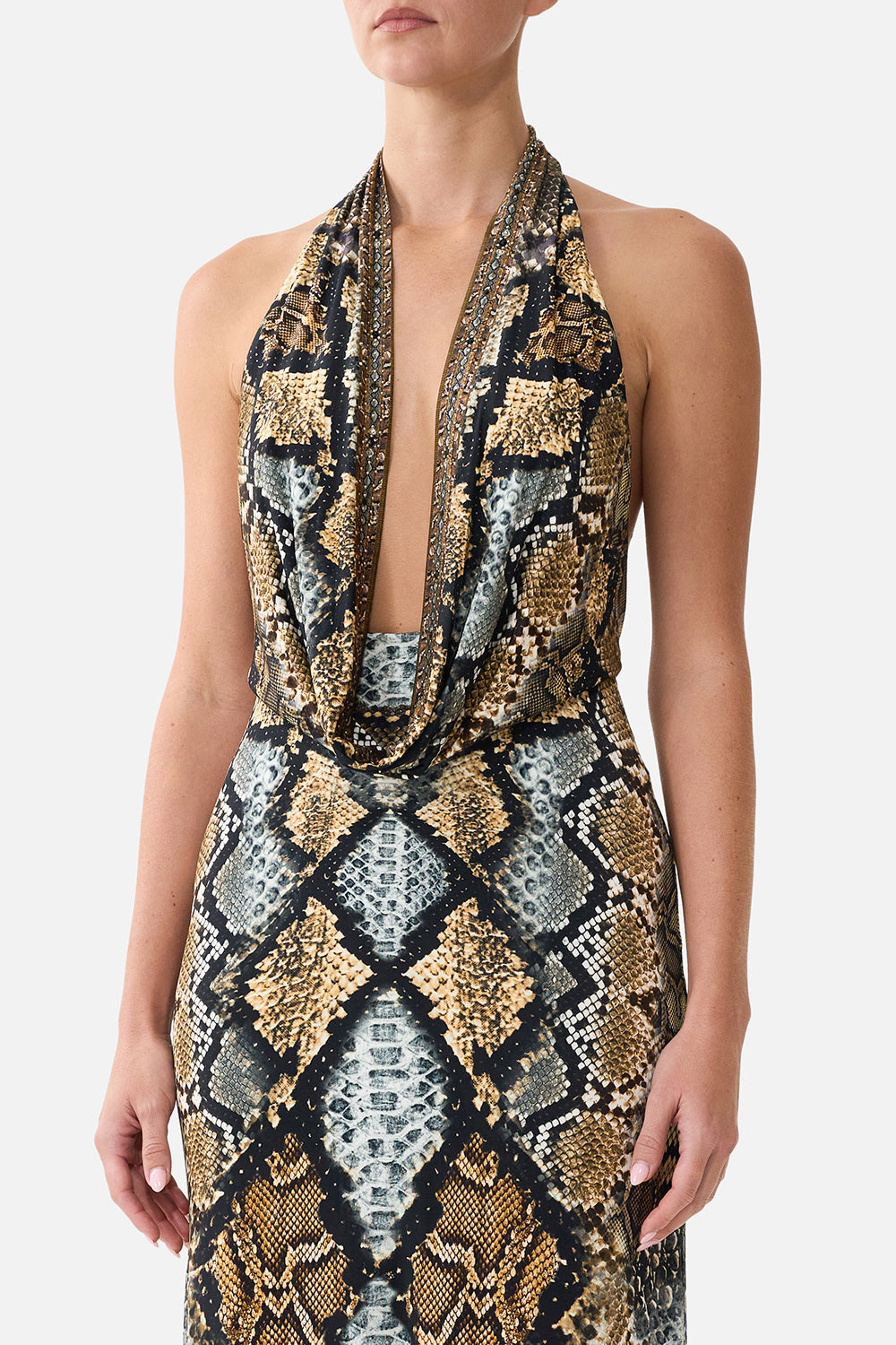 The CAMILLA Deep Cowl Plunge Dress in Print Animalia Heirlooms. Model View