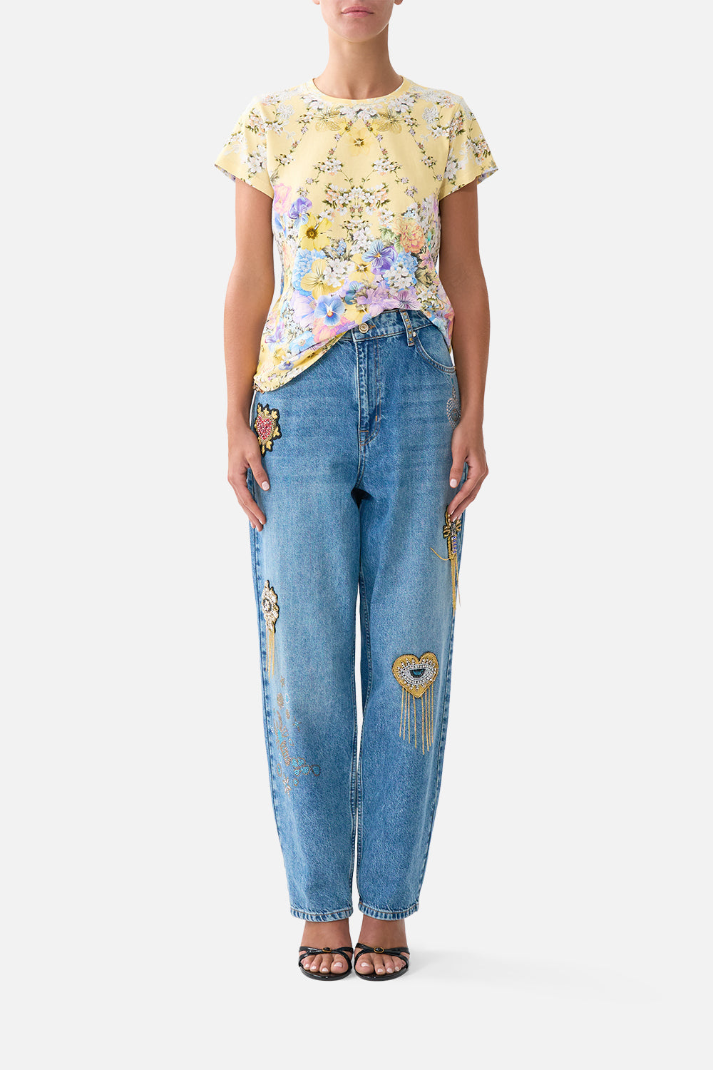 The CAMILLA slim fit round neck t-shirt from our print darling buds, front model view