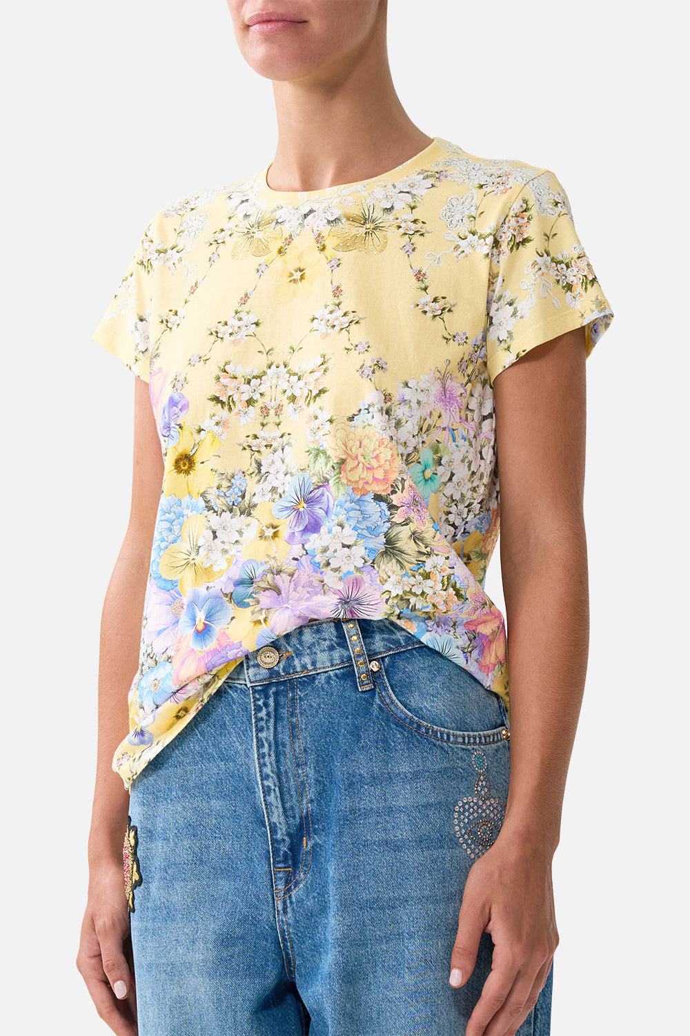 The CAMILLA slim fit round neck t-shirt from our print darling buds, side model view